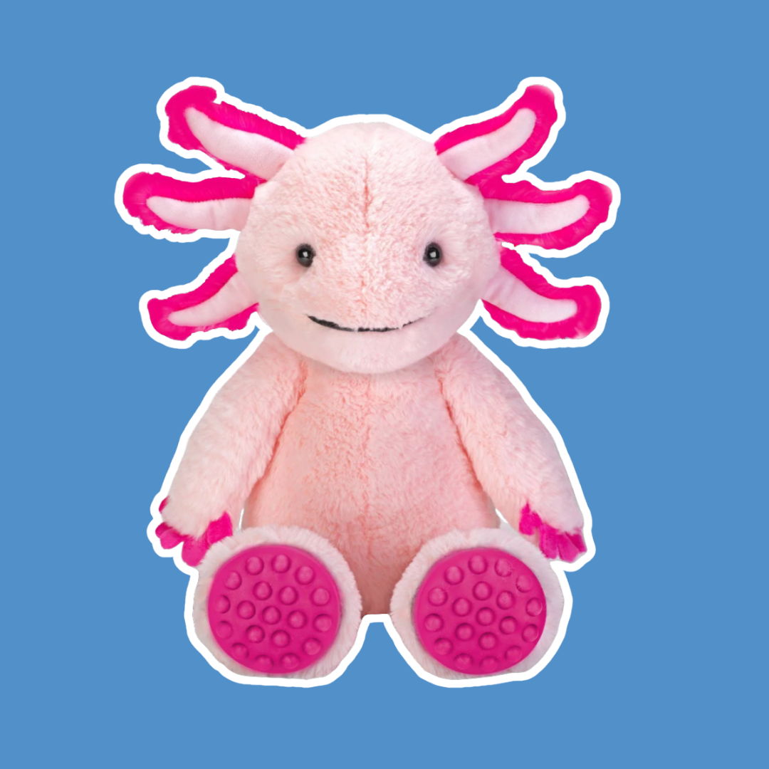 Pink Poppykins Axolotl with fidget popper feet on a blue background.