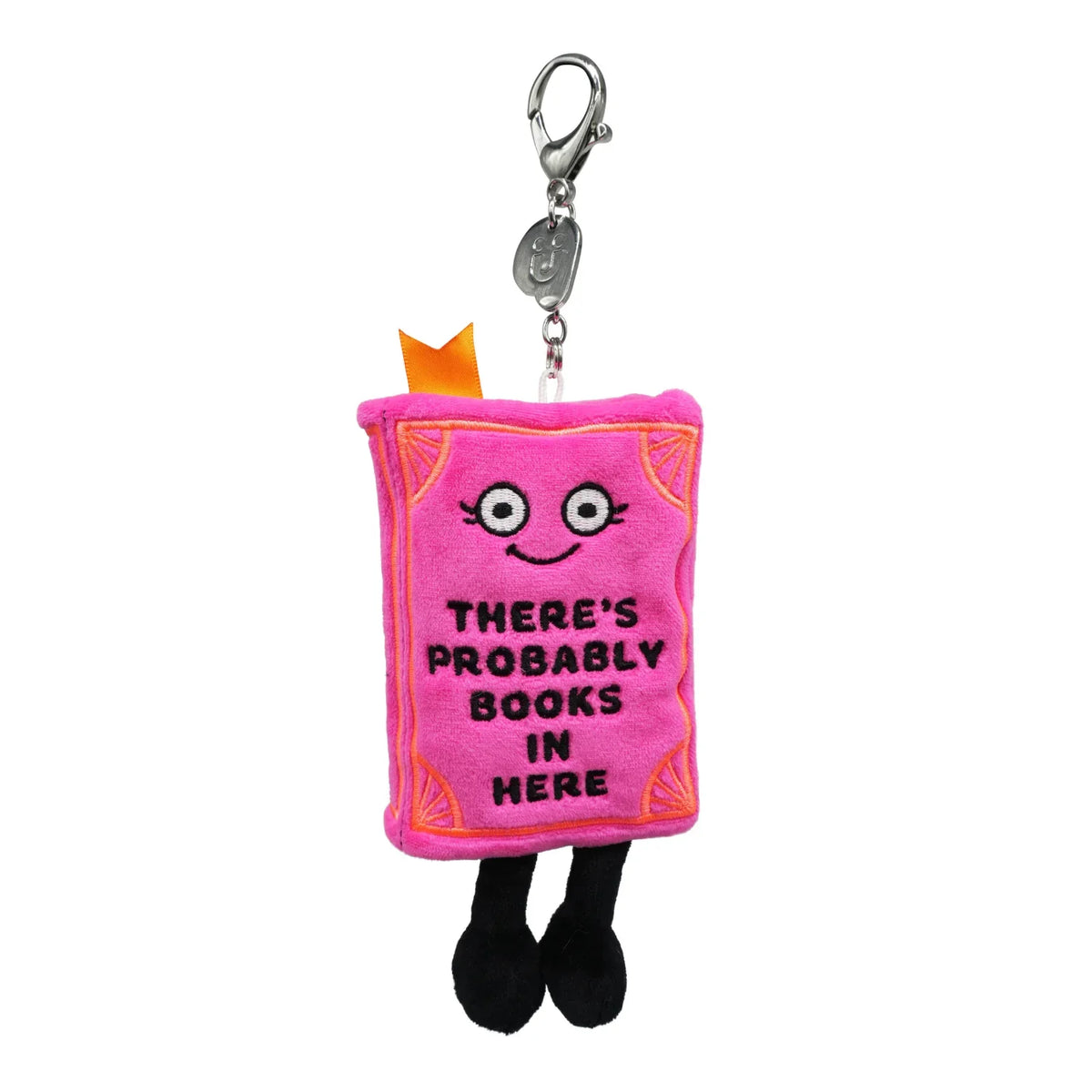 Pink plush toy book with a face and text on a white background