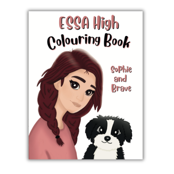 colouring book - front cover - ESSA High - Sophie and Brave