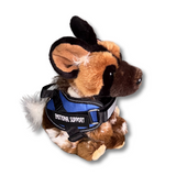 Plush African Hunting Dog by Living Nature - wearing a blue emotional support harness, side view - emotional support stuffed animal