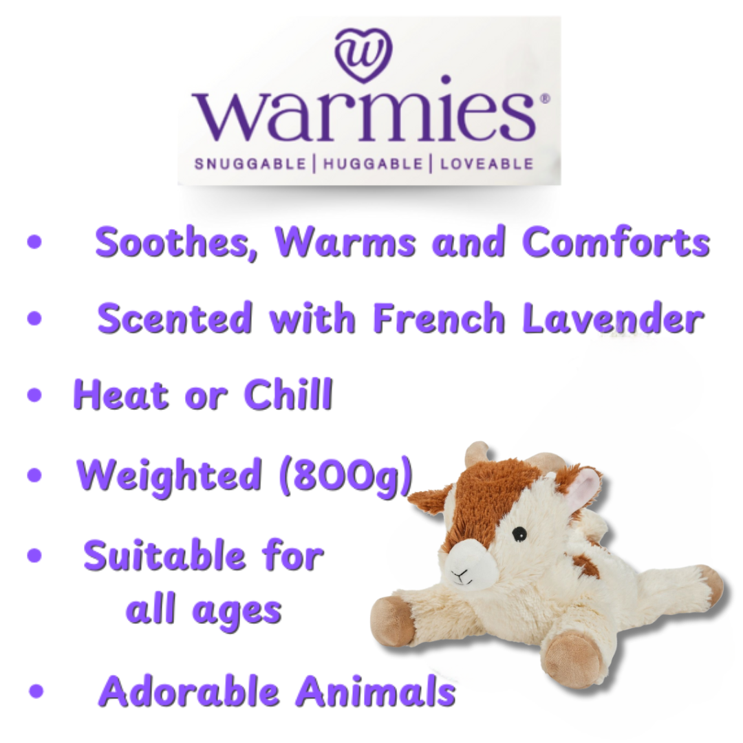 Warmies product with goat design on a white background, featuring text about product features.