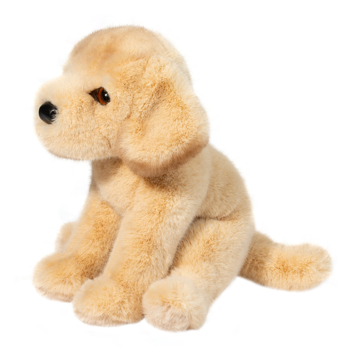 Plush toy dog sitting on a white background