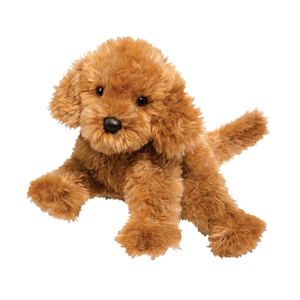 Brown plush dog toy on a white background
