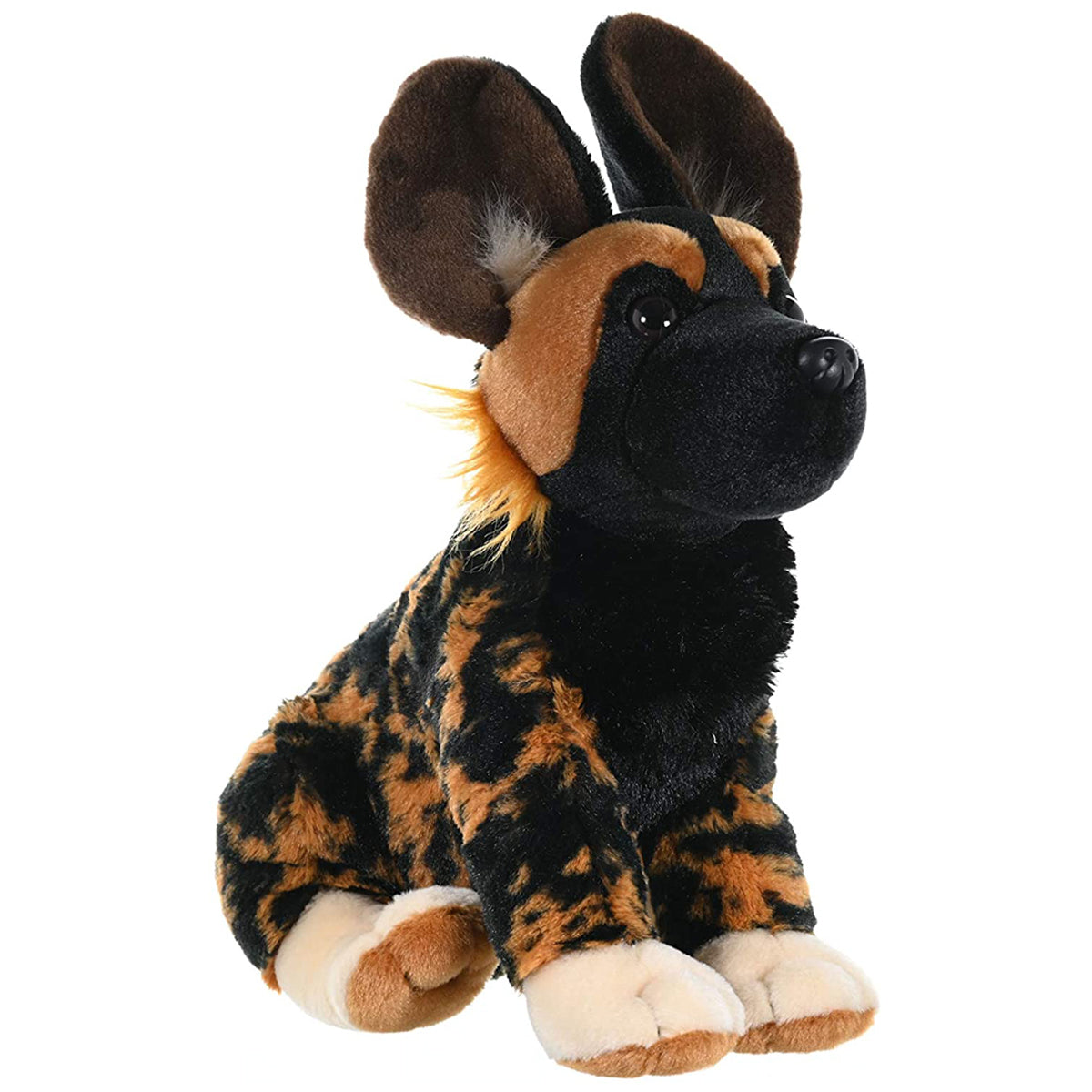 Plush toy of a wild dog with brown, black, and beige colors on a white background