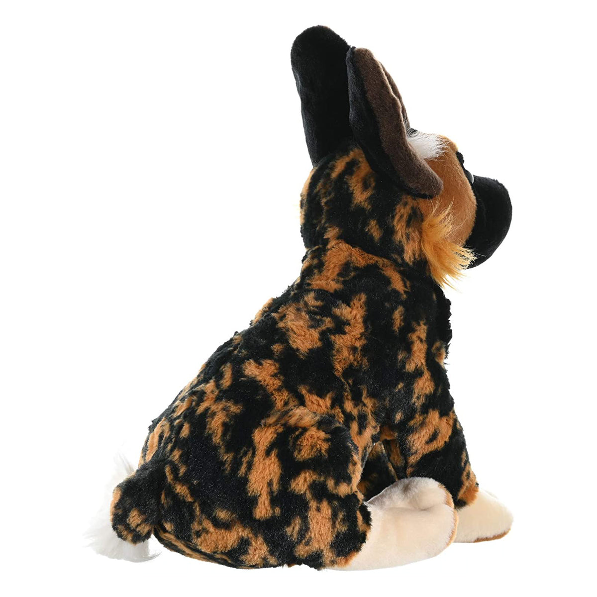 Plush toy dog with a leopard print pattern on a white background