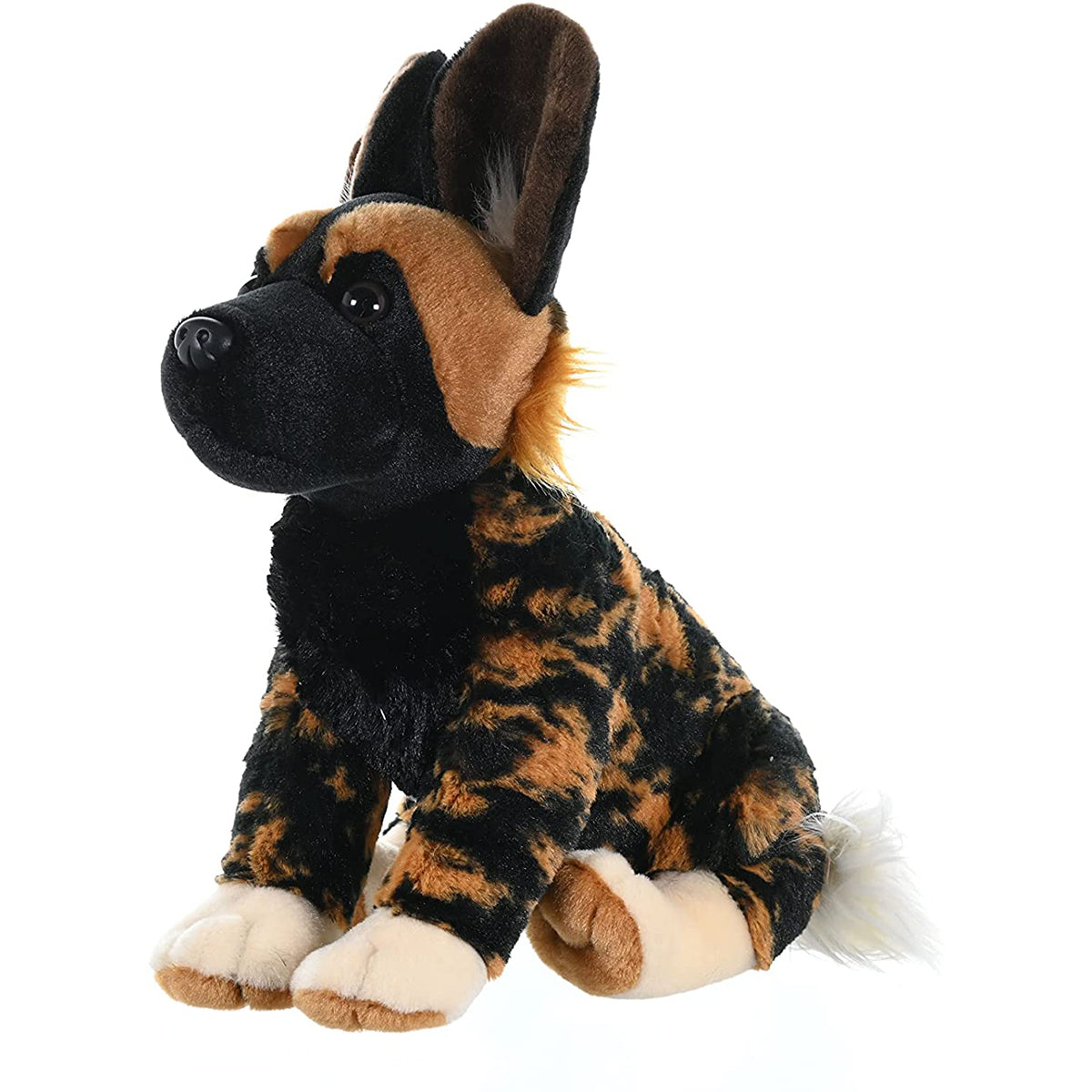 Plush toy resembling a dog with black, brown, and white fur on a white background