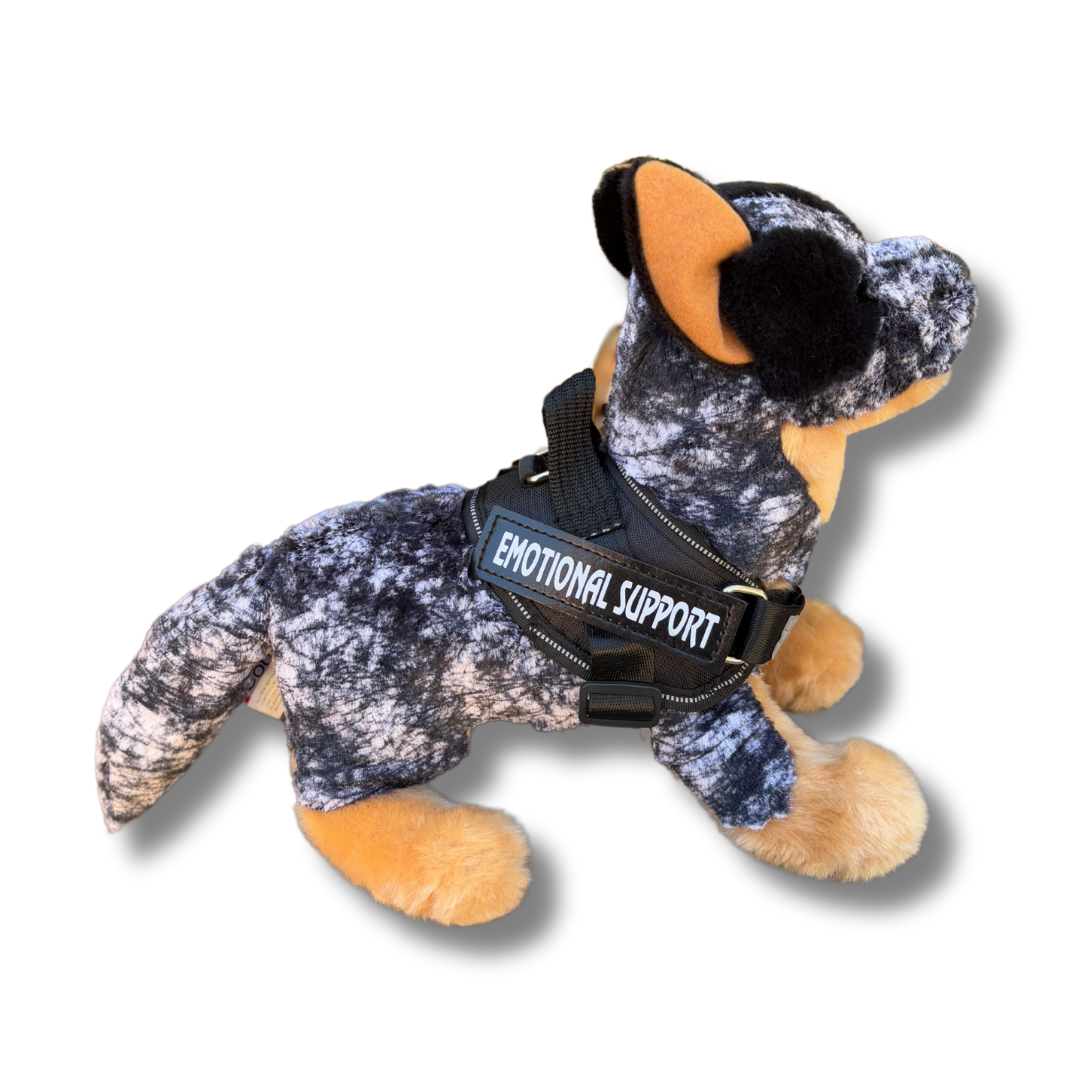 Australian Cattle Dog Plush Dog by Douglas Company wearing black emotional support vest