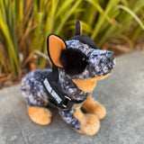 Australian Cattle Dog Plush Dog by Douglas Company side view wearing black essa gear