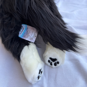 Black and white dog toy with paw prints on a white surface
