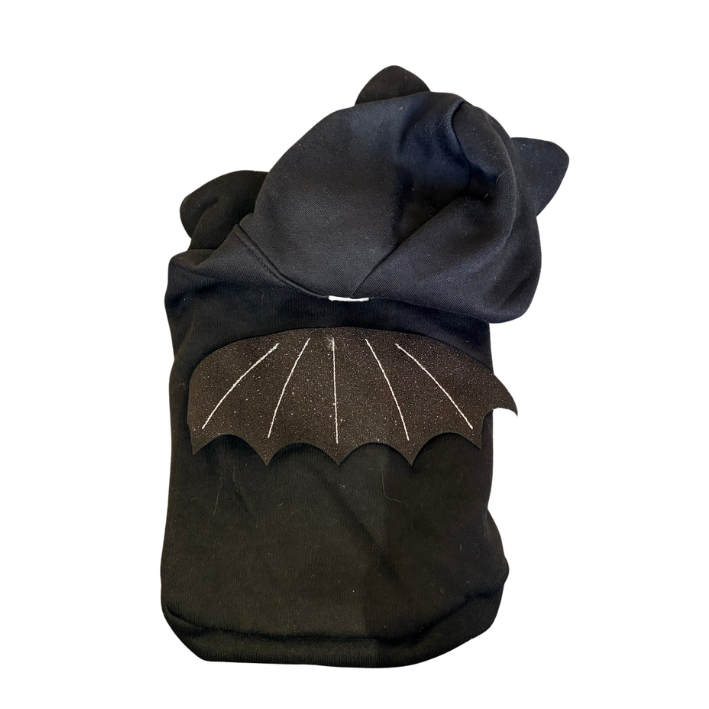Black Hoodie for pet with bat wings for halloween on a white backgorund.