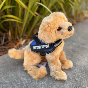 Bella Golden Retriever by Douglas Dog front view of plushie blue emotional support vest