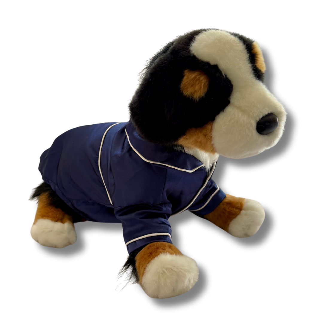 Navy Blue Dog Pyjamas on a plush dog