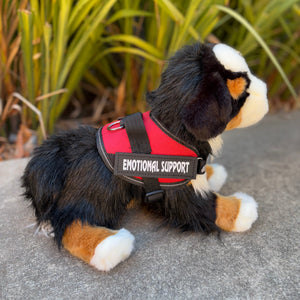The Bernese Mountain dog emotional support stuffed animal side view showing red essa gear