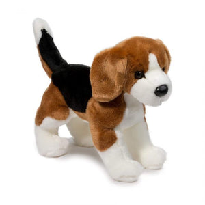 Plush toy dog with brown, black, and white fur on a white background