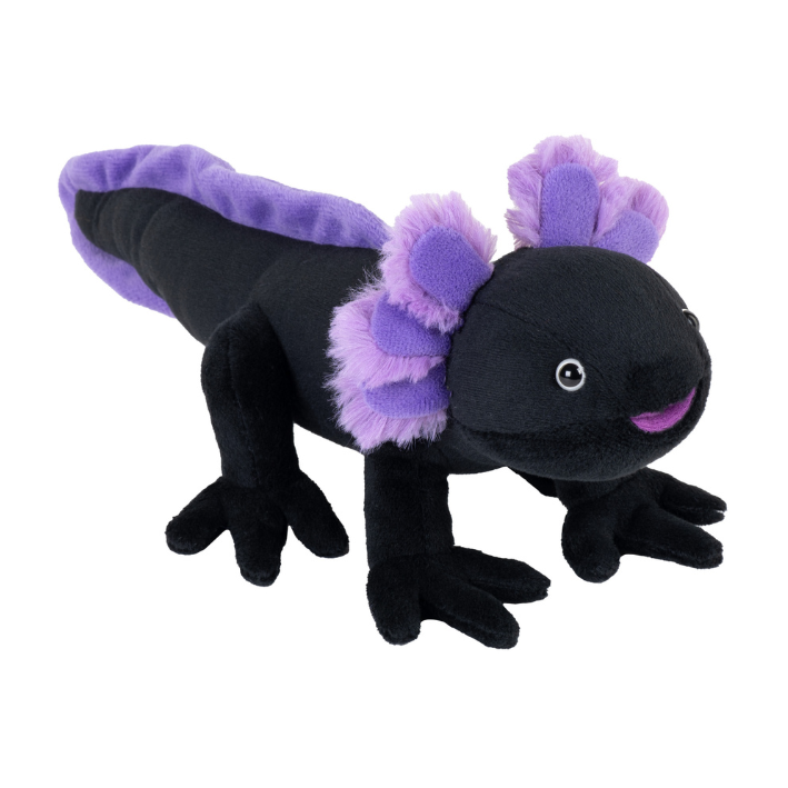 A plush toy axolotl in black with purple gills, tail, and mouth details, shown against a plain white background.