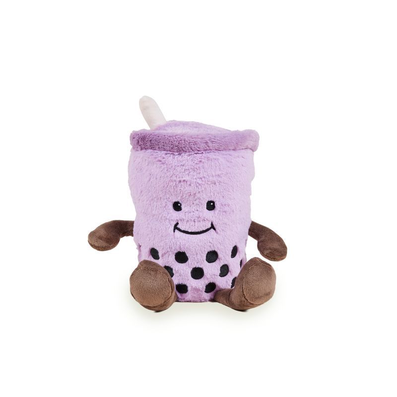 A plush toy shaped like a bubble tea cup, featuring a light purple body, brown arms and legs, black polka dots, and a white straw, set against a plain white background.