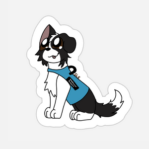 Cartoon dog with a blue harness on a white background
