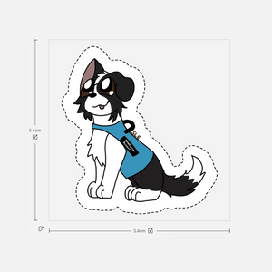 Illustration of a dog with a blue harness and measurements on a white background