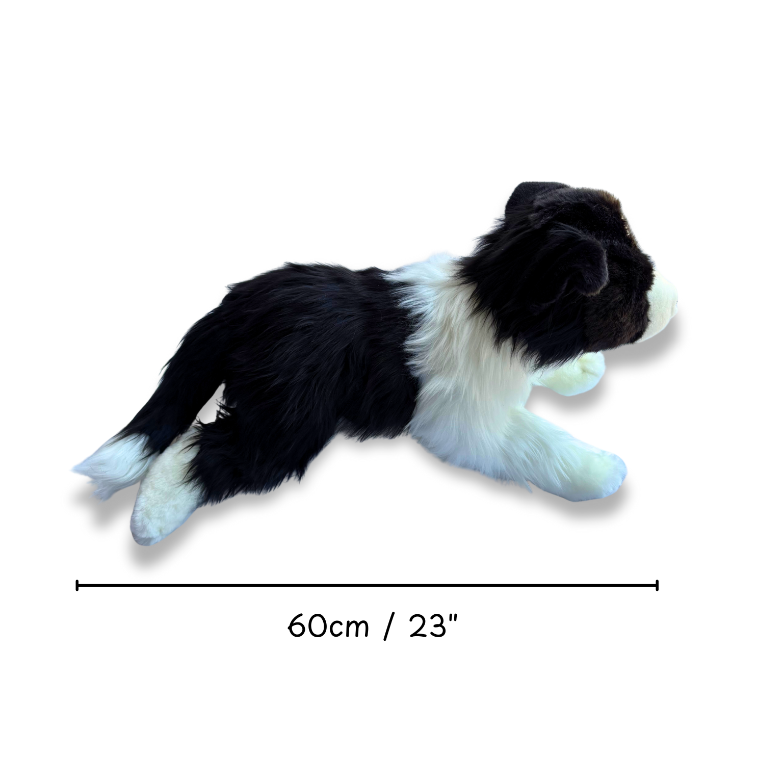 Plush toy dog with dimensions 60cm / 23" on a white background