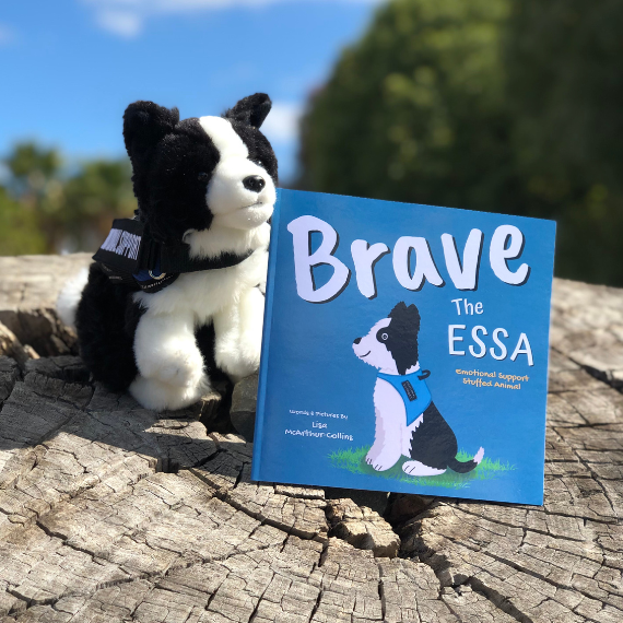 A children's picture book - Brave The ESSA - sitting on a log with an Emotional Support Stuffed Animal
