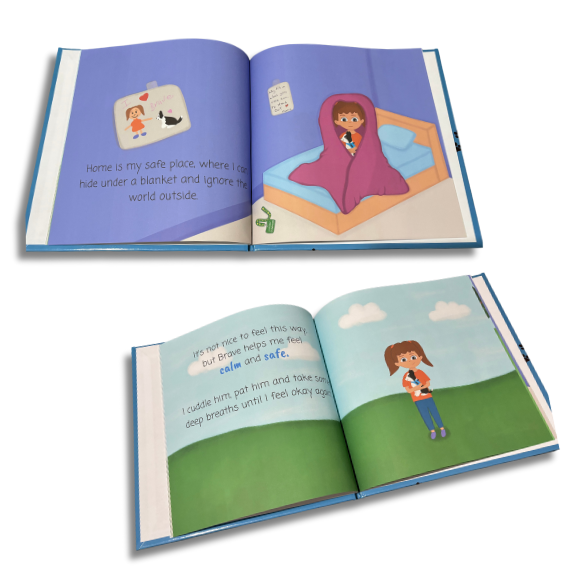 Inside pages of a children's picture book  - Brave The ESSA - a book about Emotional Support Stuffed Animals - ESSA