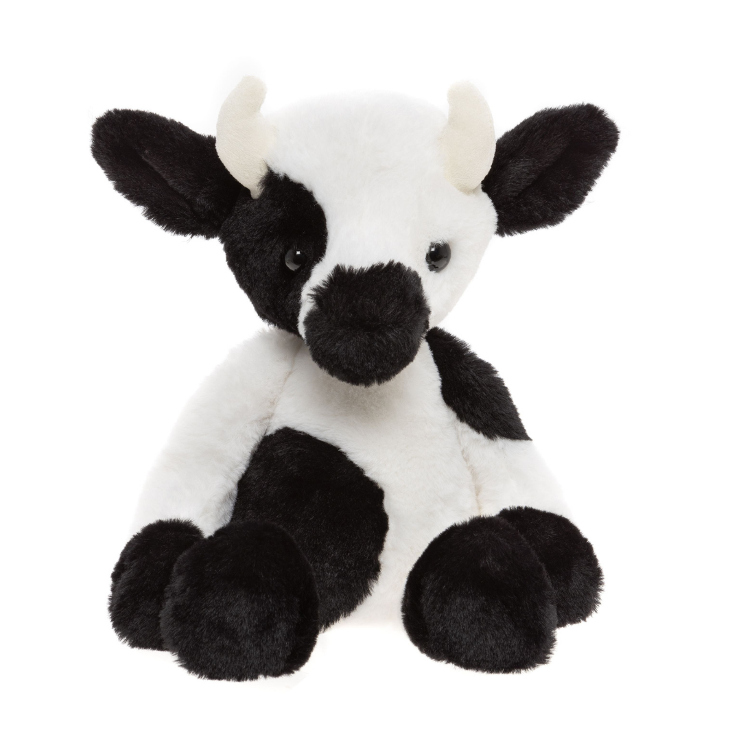 Plush cow toy with black and white pattern on a white background