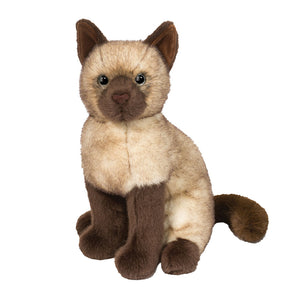 Plush toy cat with brown and beige fur on a white background