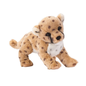 A plush toy baby cheetah cub in a crawling pose, featuring tan fur with dark brown spots, a white chest, and black eyes, set against a plain white background.