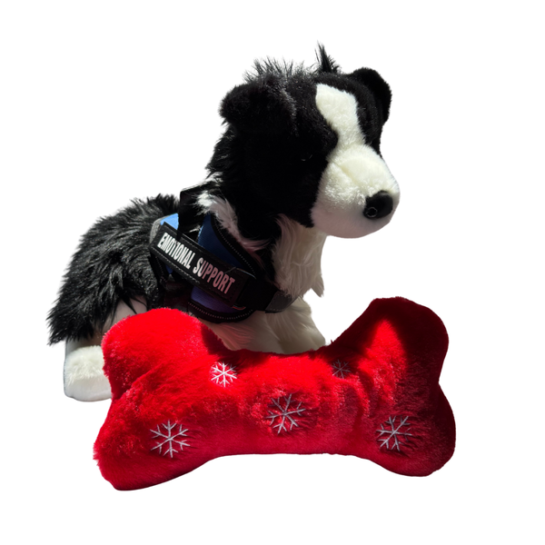 Plush dog toy with a red bone-shaped toy and 'Support' vest on a white background