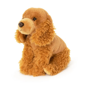 Plush dog toy with brown fur on a white background