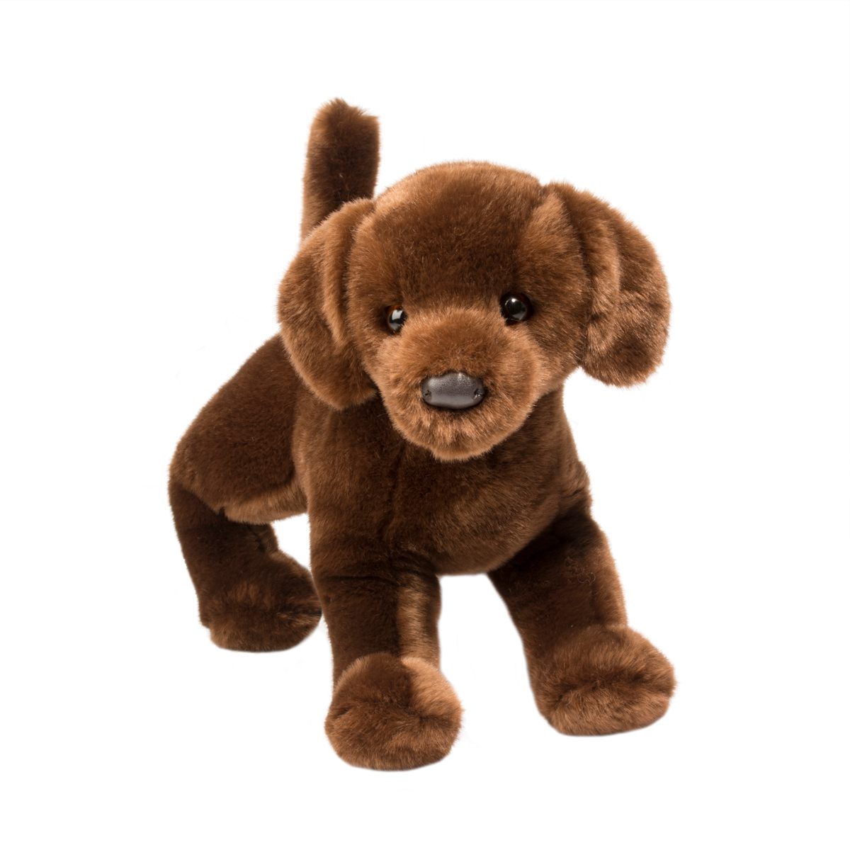A plush toy resembling a black lab dog with a brown plush coat, leatherette nose, and expressive eyes.