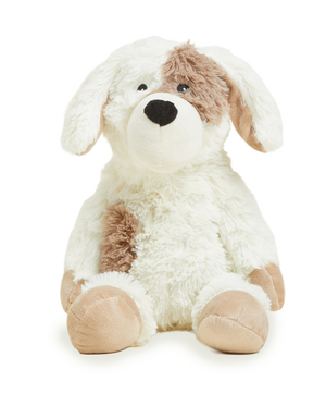 A plush stuffed dog toy with a fluffy white and brown fur pattern, sitting against a solid white background.