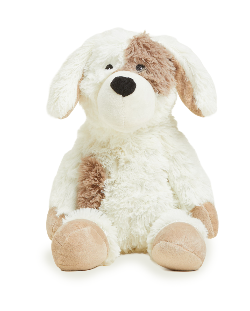 A plush stuffed dog toy with a fluffy white and brown fur pattern, sitting against a solid white background.