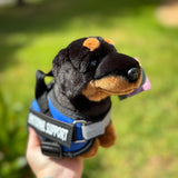 Dachshund Dog - Plushie - ESSA - Living Nature - Emotional Support Stuffed Animal wearing a blue emotional support vest - blue essa gear