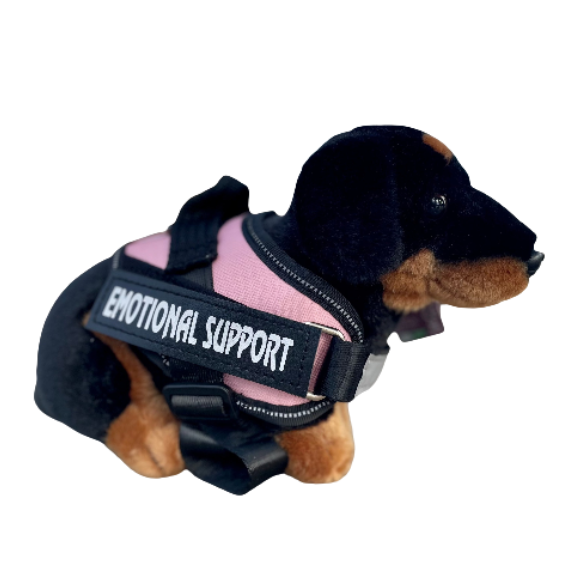 Dachshund Dog - Plushie - ESSA - Living Nature - Emotional Support Stuffed Animal wearing a pink emotional support vest - essa gear