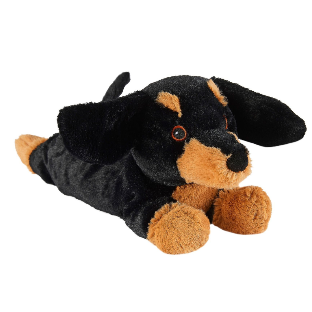 Plush toy dog with black and brown fur on a white background