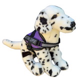 Dalmatian plush by Douglas Dog wearing purple emotional support vest