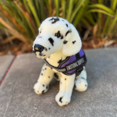 Dalmatian plush by Douglas Dog side view wearing purple emotional support vest
