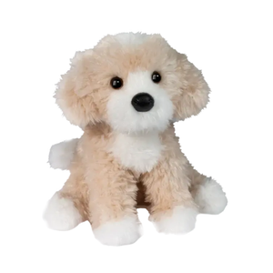 Plush toy dog with beige fur and white accents on a white background