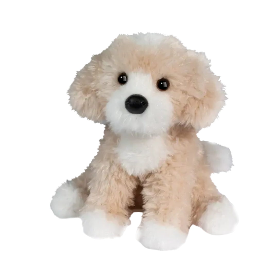 Plush toy dog with beige and white fur on a white background