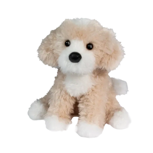 Plush toy dog with beige and white fur on a white background