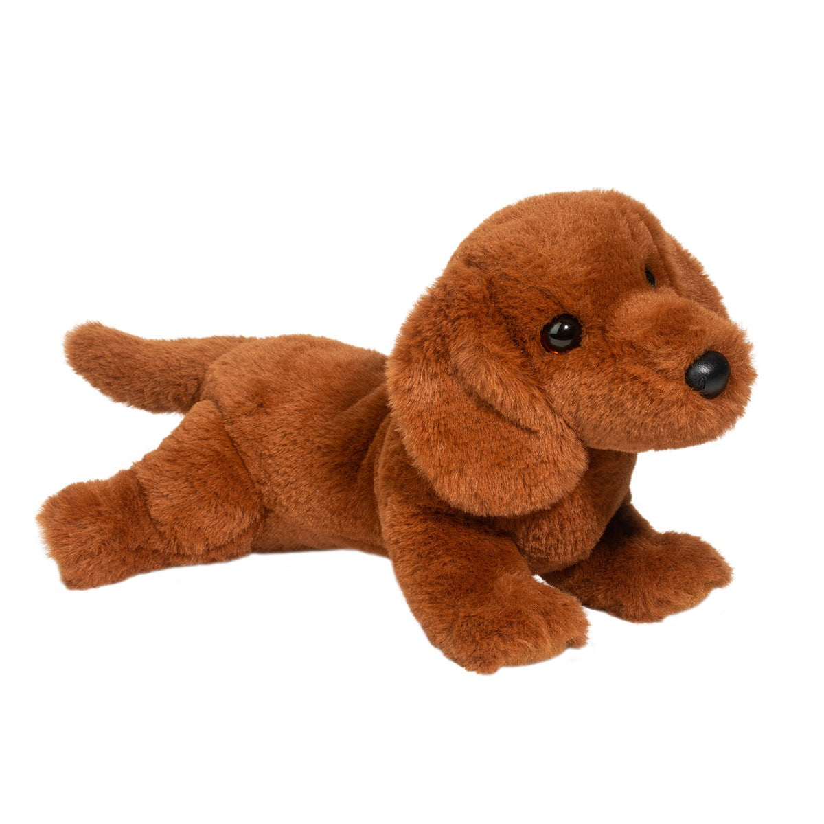 Brown plush dog toy on a white background