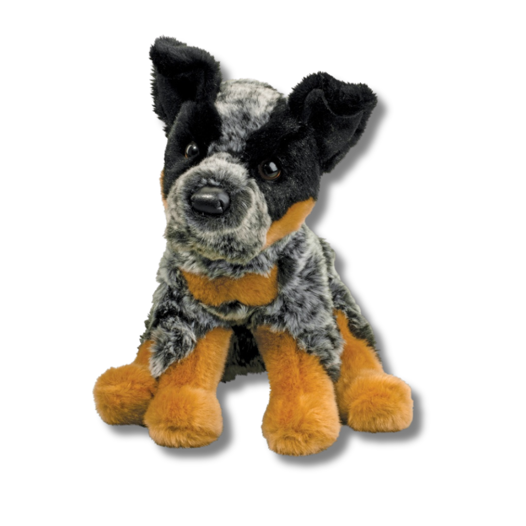 Plush toy resembling a dog with black, gray, and orange fur on a white background