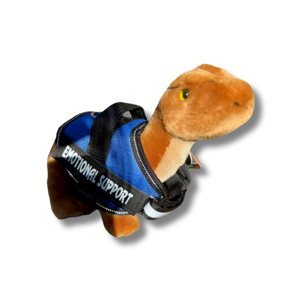 Diplodocus Living Nature Dinosaur Plushie wearing a blue emotional support vest
