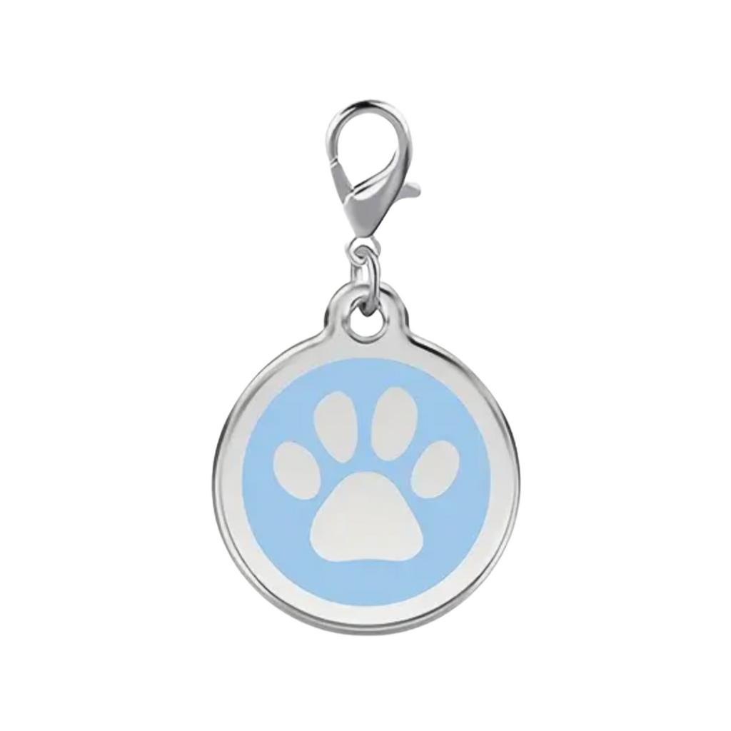 Pet tag with blue circle and white paw print on a white background