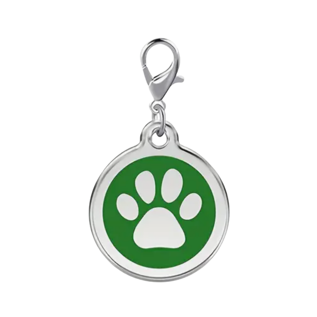 Green pet tag with a white paw print on a white background