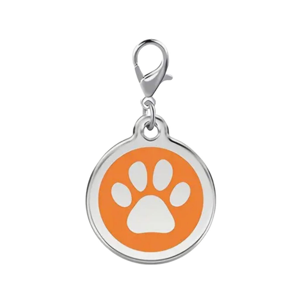 Pet tag with orange background and white paw print on a white background