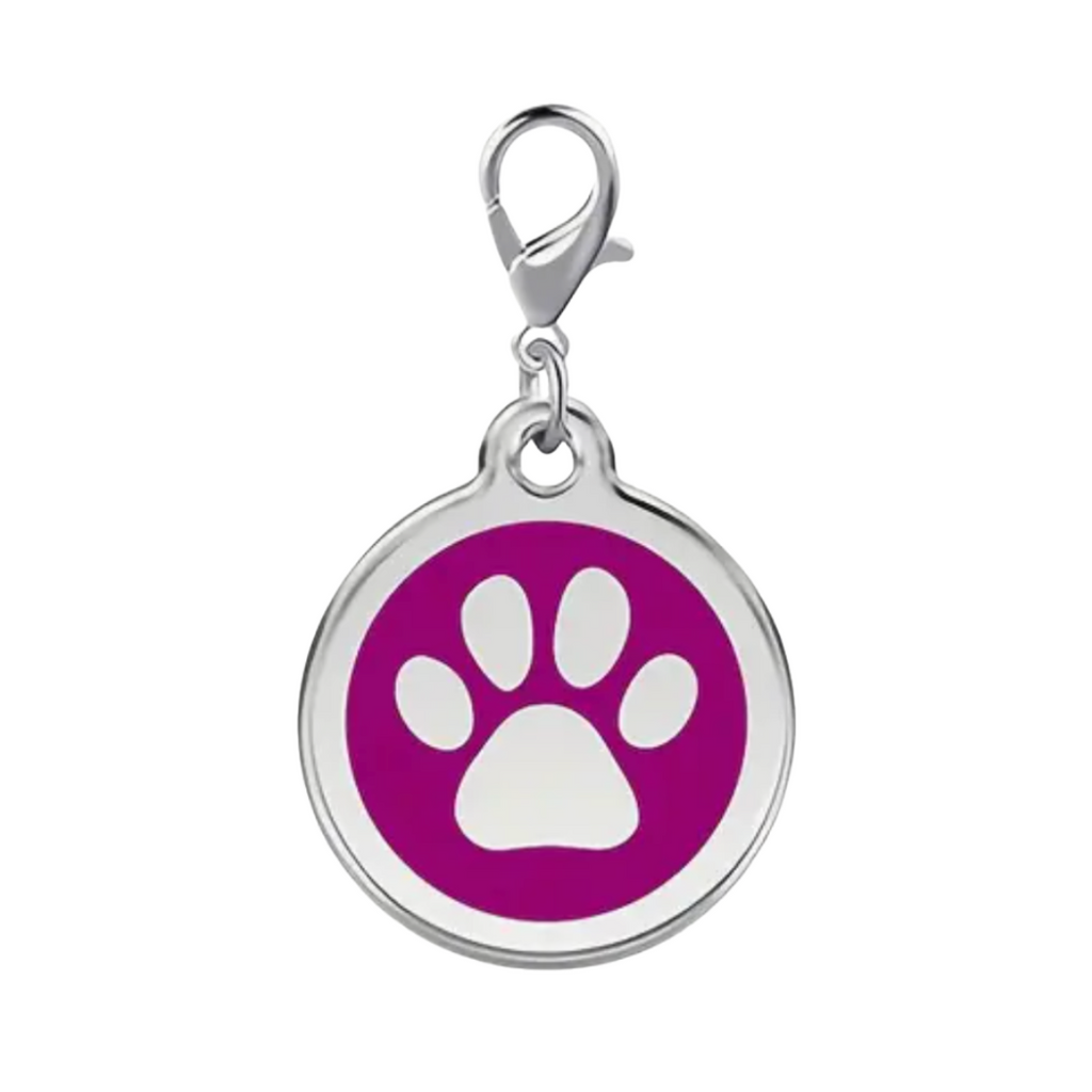 Pet tag with purple circle and white paw print on a white background