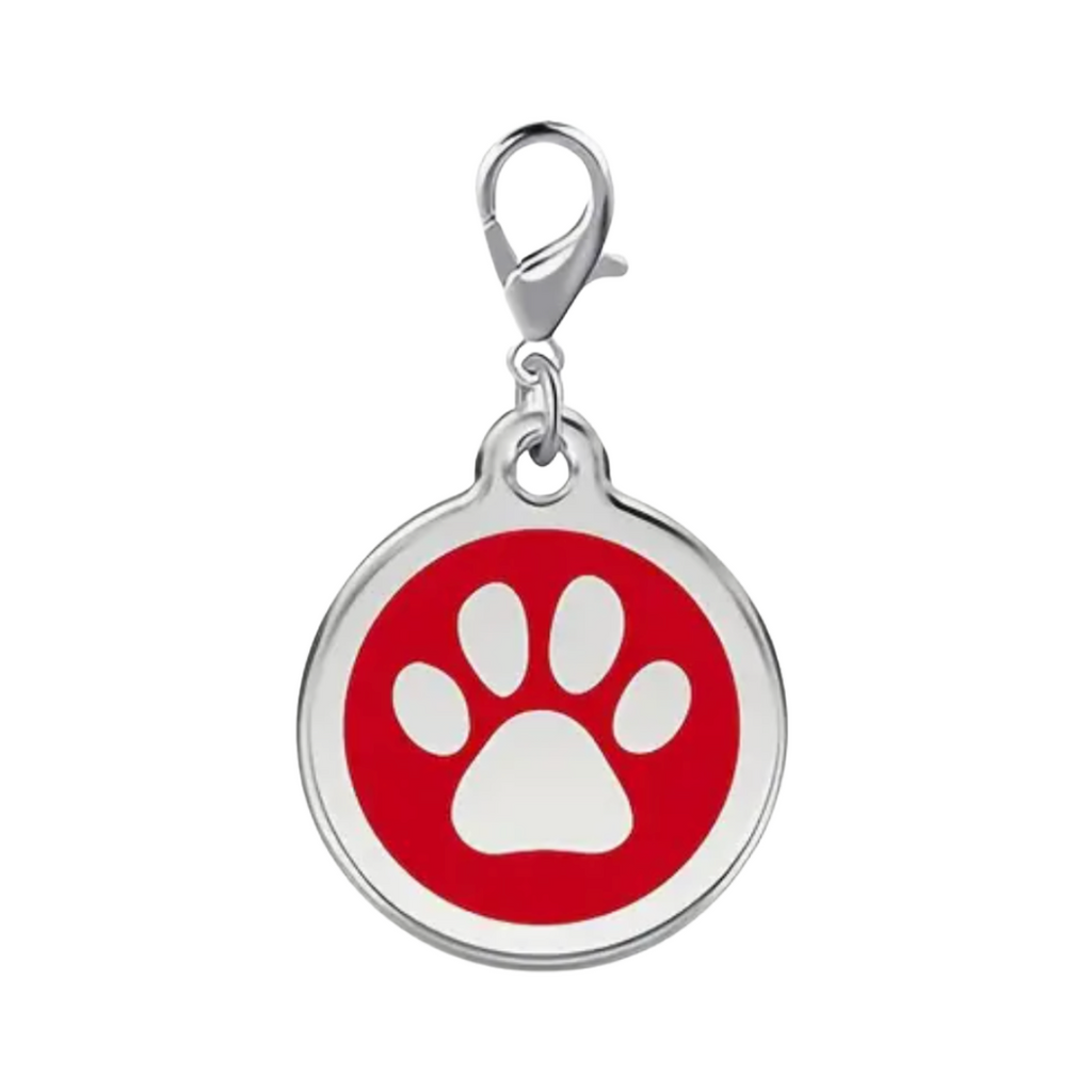 Pet tag with red background and white paw print on a white background