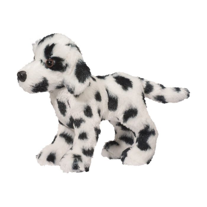 Plush toy dog with black and white spots on a white background